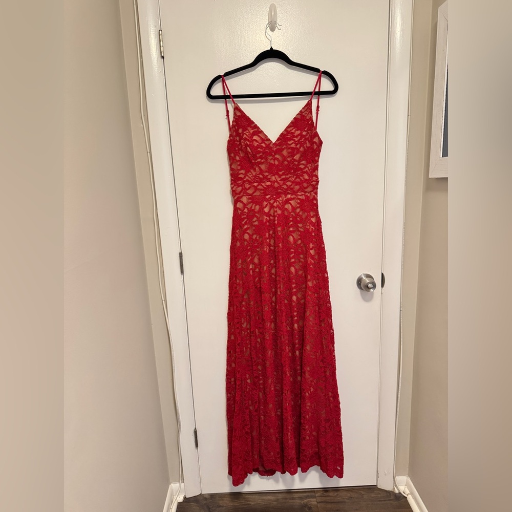 B Darlin Vibrant Red Lace Maxi Dress